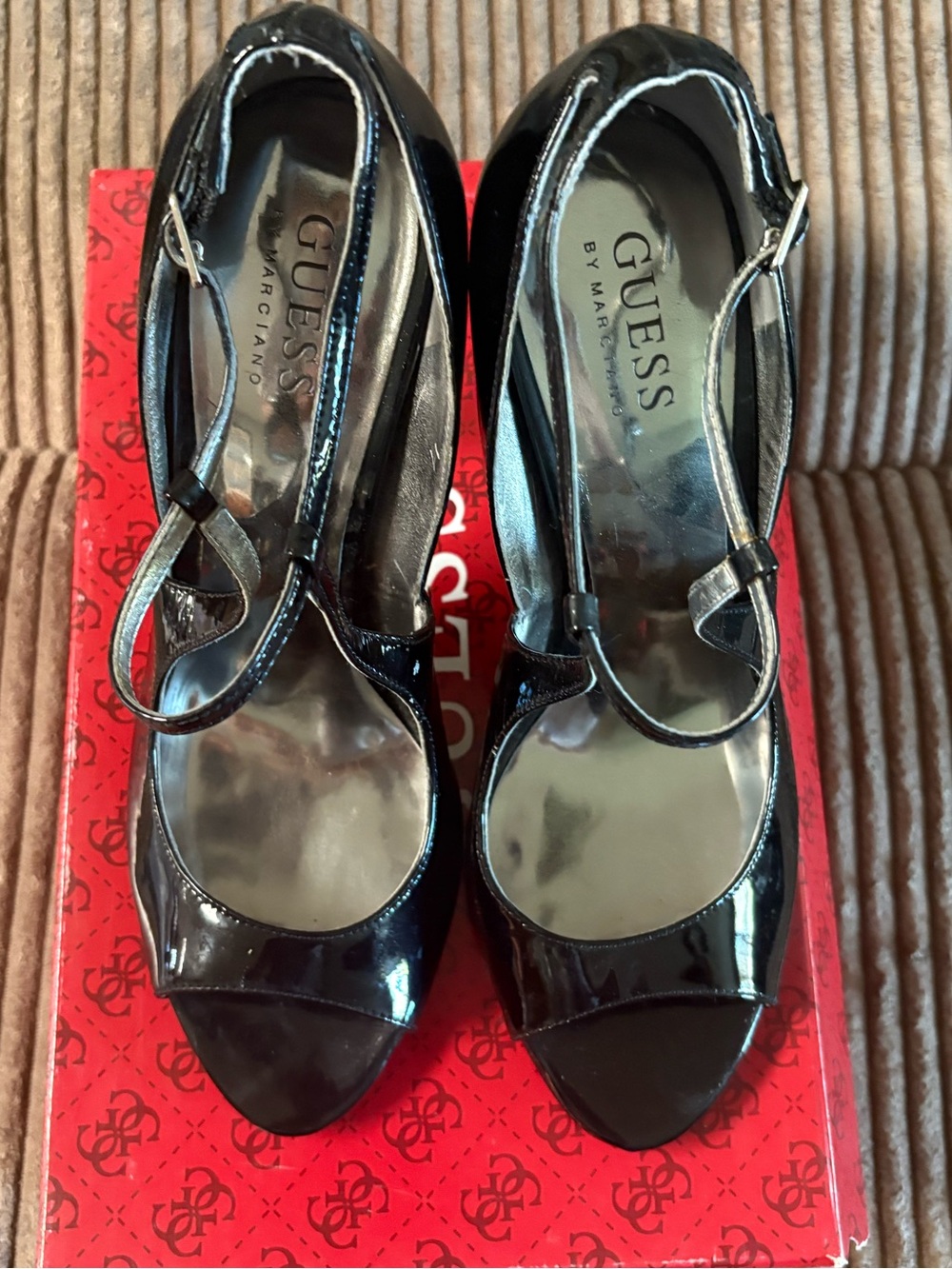 Guess Black Patent T-Strap Peep Toe Heels